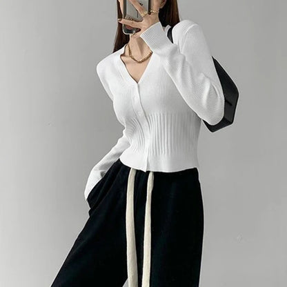 Rimocy Women's V Neck Cropped Cardigan Korean Stye Single Breasted Knit Crop Top Women Solid Color Long Sleeve Cardigans Female