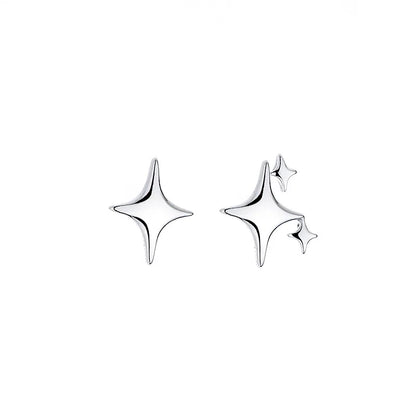 CIAXY Silver Color Asymmetric Four-pointed Star Earrings for Women Super Fairy Stud Earring Simple Jewelry Hot Sale Gift