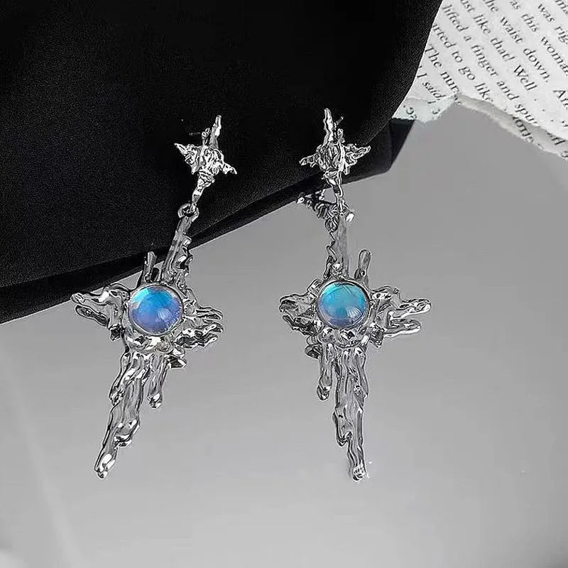 2023 Trend Cross Moonstone Dangle Earrings Women Girl Irregular Liquid Metal Cross Crystals Drops Earrings Jewelry