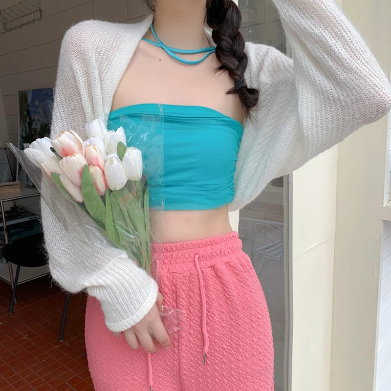 2023 Women's Open Front Bolero Shrug Long Sleeve Solid Color Sun Protection Knit Cropped Cardigan