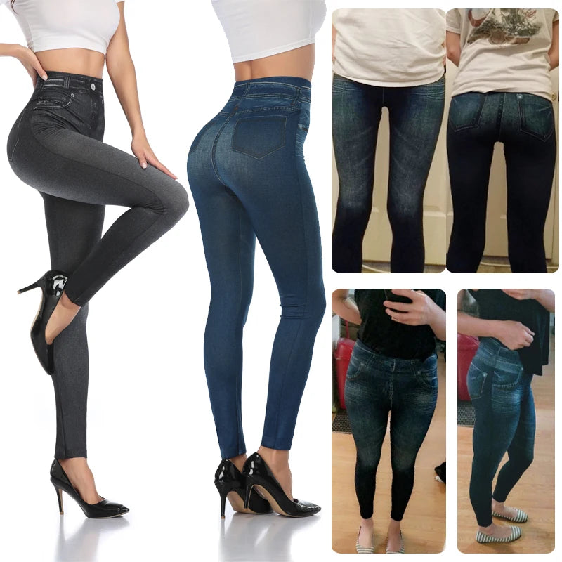 Leggings con stampa in denim sintetico a vita alta Pantaloni skinny sexy a matita da donna Pantaloni modellanti senza cuciture con controllo della pancia senza tasche 