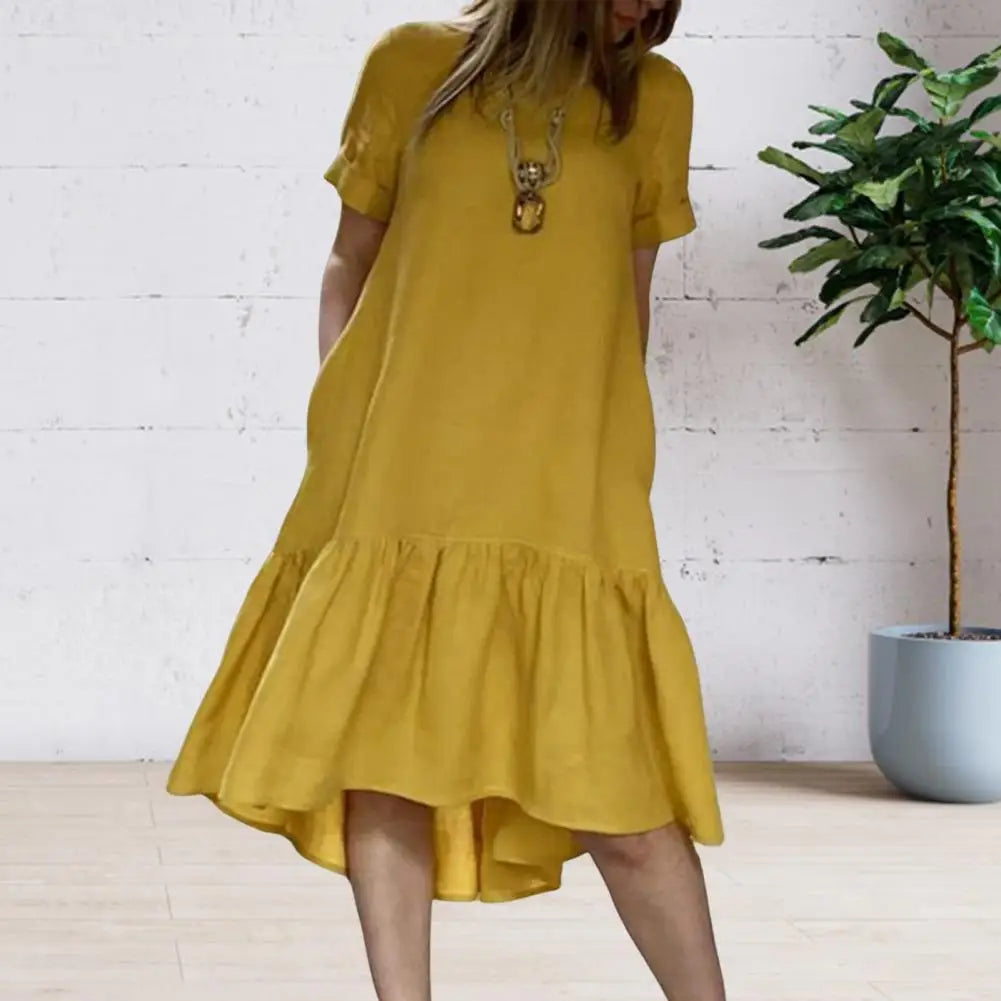 Solid Color Casual Dress Ruffle Hem Patchwork Women's Summer Dress O Neck Short Sleeves A-line Knee Length Casual Soft Daily