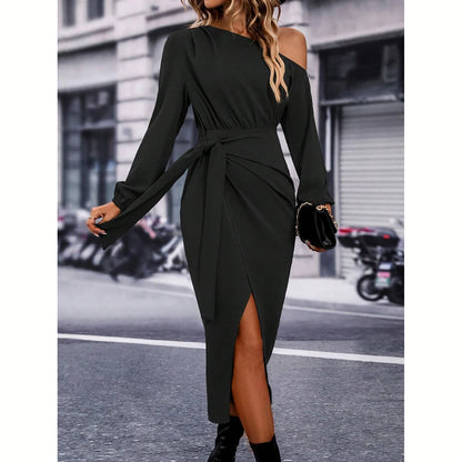 Mia Muse Women's Dresses All Season Elegant Plain Fold Asymmetrical Design Long Sleeve One-Shoulder MIDI Fashion Dresses