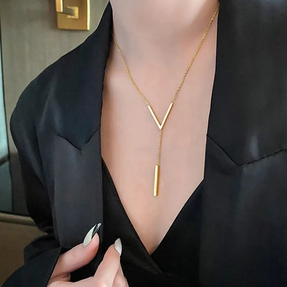 Stainless Steel V Shape Stick Pendant Necklace for Women Ladies Dainty Long Chain Necklace  Party Jewelry