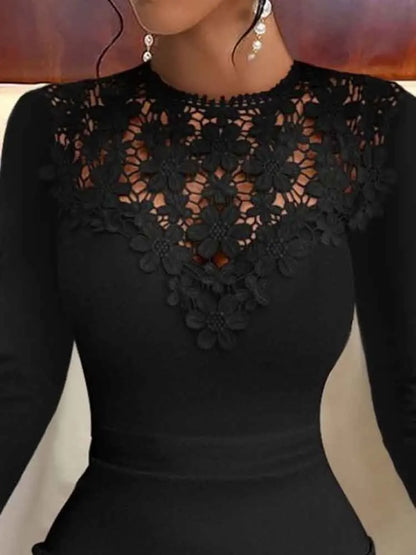 Sexy Lace Patchwork Bodycon Mini Dress Women Fashion O-neck Long Sleeve Solid Dresses Autumn Winter Hollow Out Skinny Robe Femme