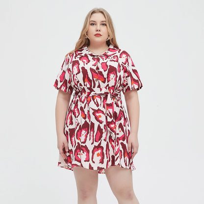 Plus Size 2024 Nuovi abiti di moda Stampa Abito Casual Poliestere Girocollo Abito a maniche corte Abbigliamento taglie forti da donna L062