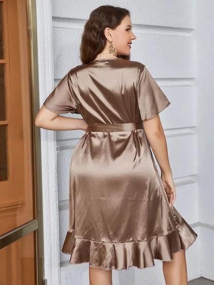 Plus Size Women's Satin Silky V Necked Collar Dress Wraped Waist Tie Short Sleeve Mini Robe Ruffle Hem Solid Gold Clothing