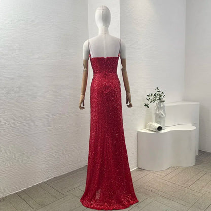 Ladies' 2024 New Club Sexy Red Sleeveless Sequined Slit Hem Diamonds Maxi Dresses