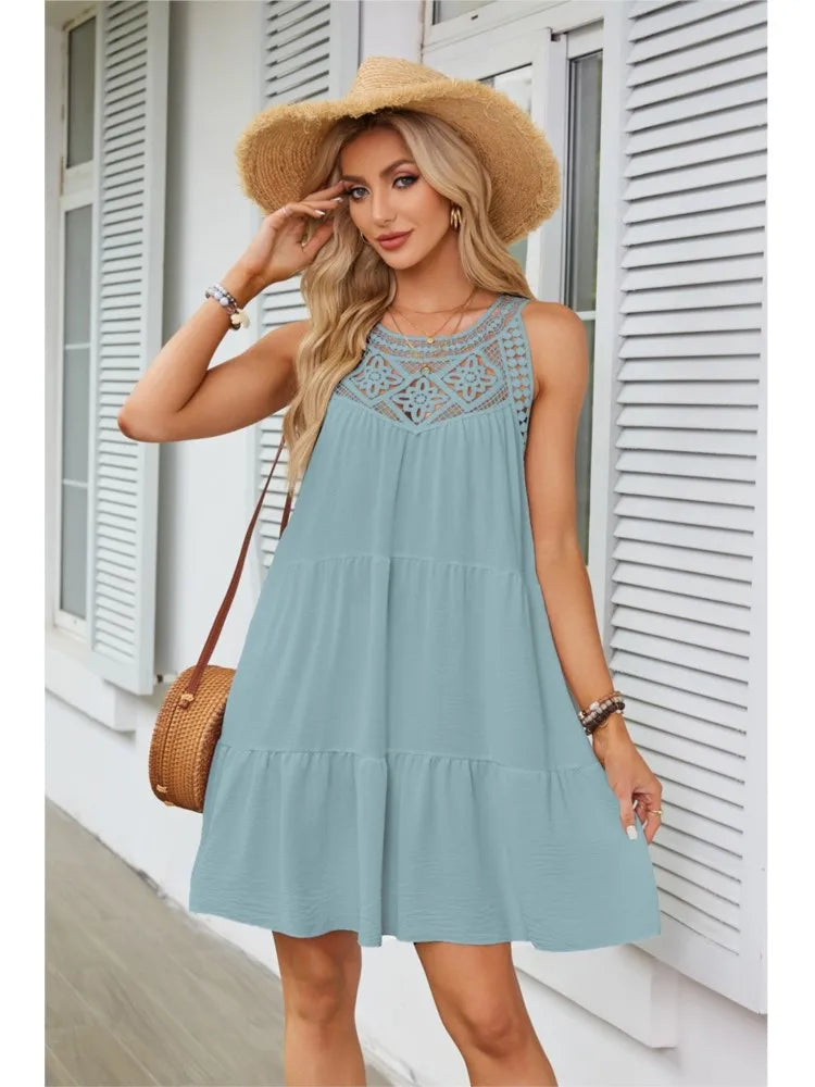 Fashion Sexy Hollow Lace Patchwork Halter Neck Women A Line Dress Summer Casual Solid Color Loose Beach Holiday Female Sundress