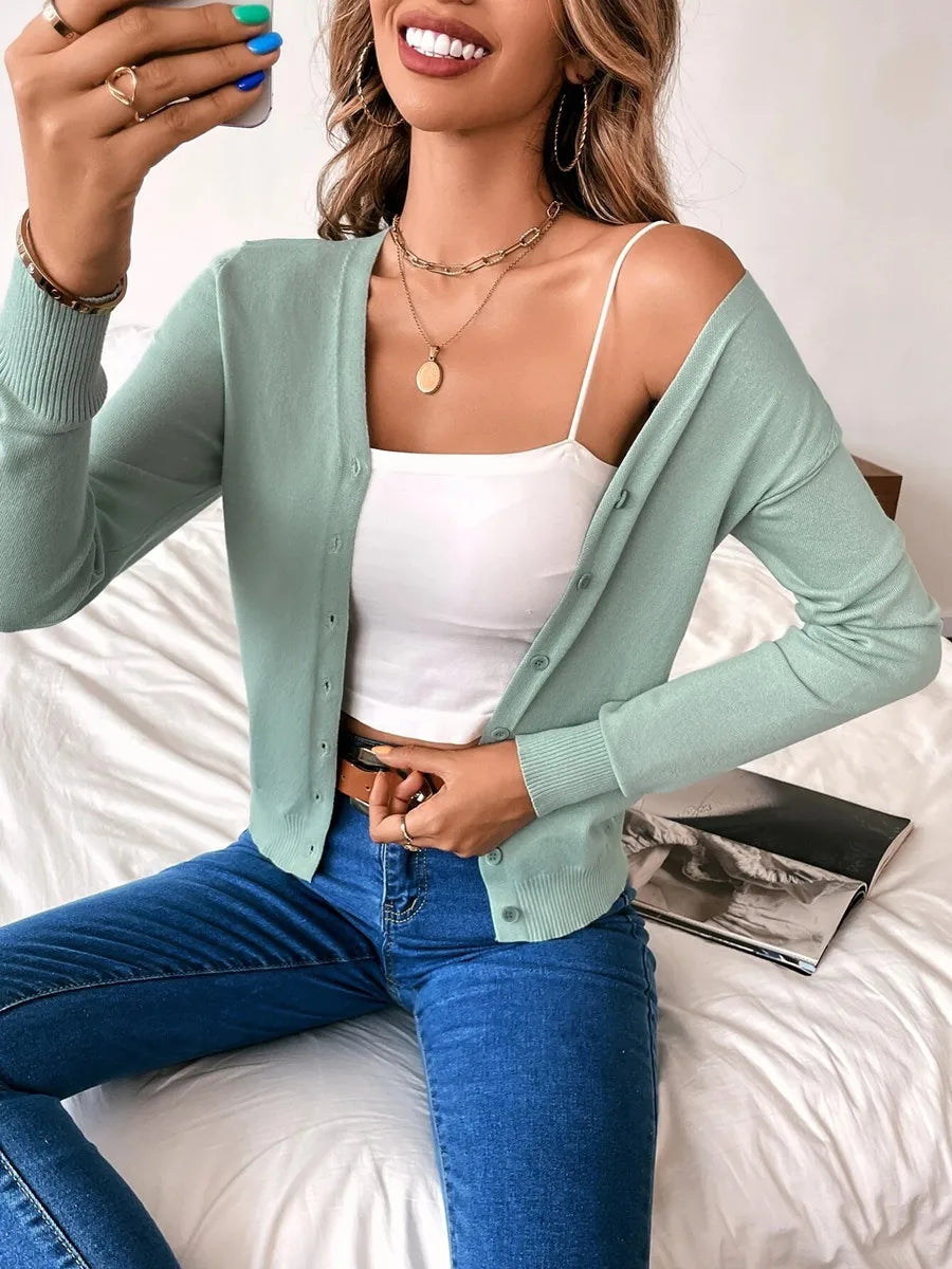 Winter  Spring Women Long Sleeve Solid Button Front V Neck Cardigan Femme Korean Fashion Vintage Knit Soft Cashmere Sweater Top