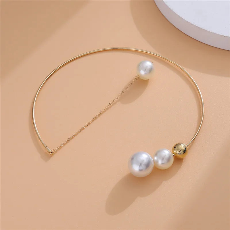 New Geometric Simple Round Bead Opening Adjustable Metal Collar Cold Wind Imitation Pearl Necklace for Women Boho Jewelry Gift