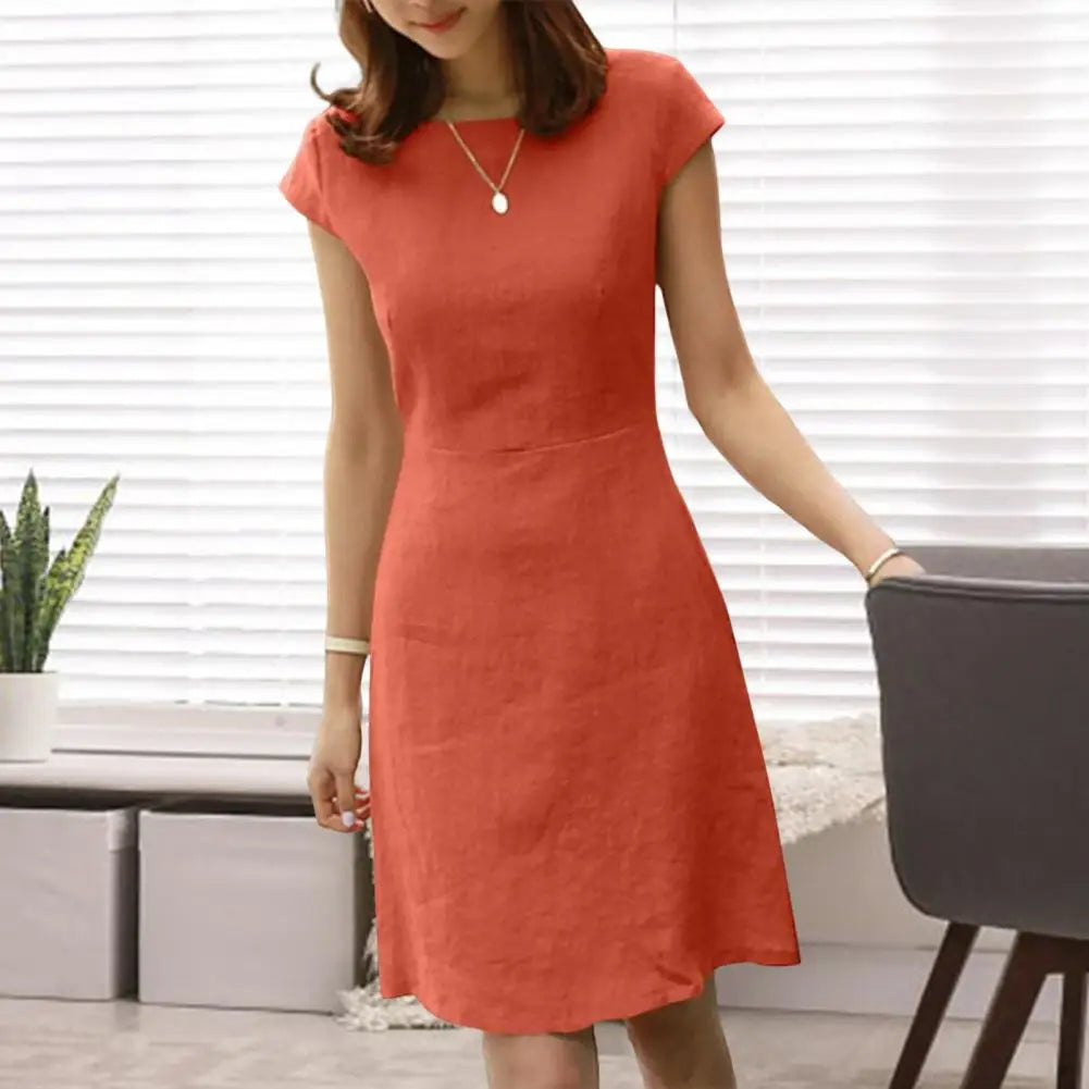 Commute Dress V-neck Back Zipper A-line Mini Dress for Women Short Sleeve Slim Fit Summer Dress with Above Knee Length Commute