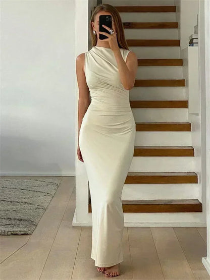 Tossy Pleated Long sleeved Slim Maxi Dress Women Solid Fashion Elegant Party Dress Gown Off-Shoulder High Waist Bodycon Dress