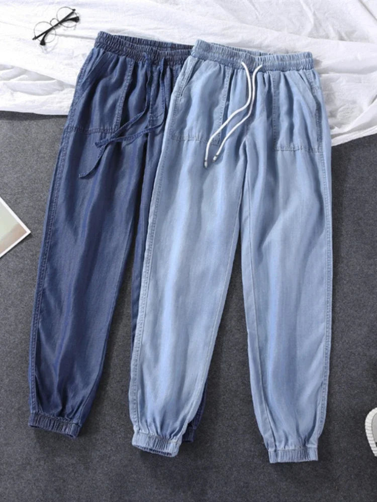 Women Pants Summer New 2023 LOOSE Lace-up Thin High Elastic Woman Jeans Oversize Trousers Soft Cool Female Casual Denim Pants - Sri sampi