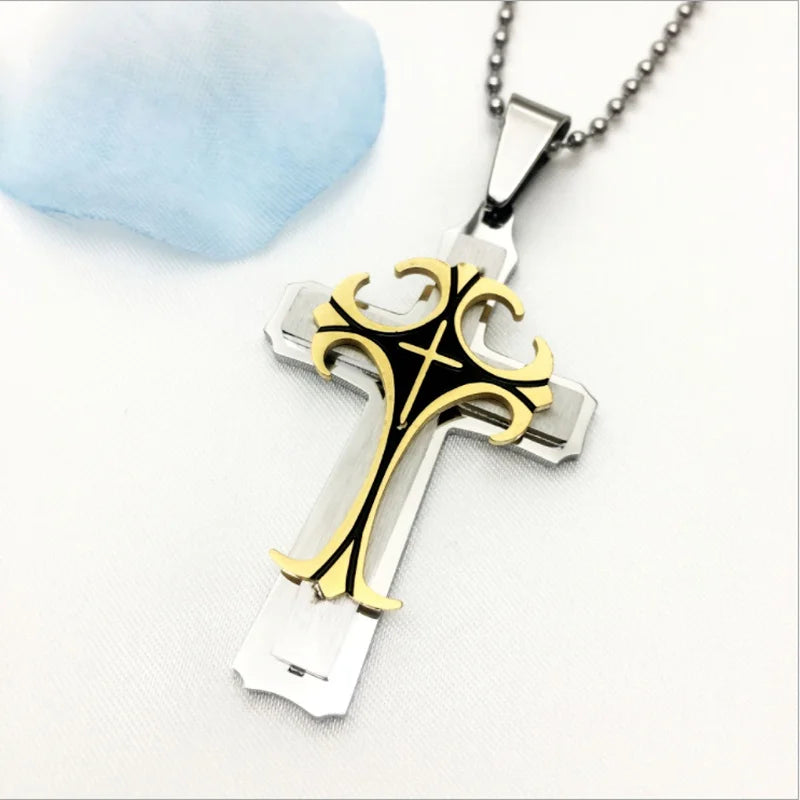 Vintage Mens Jewellery Cross Necklace for Men Christian Totem Relief Amulet Pendant Handsome Stainless Steel Necklace Punk Party