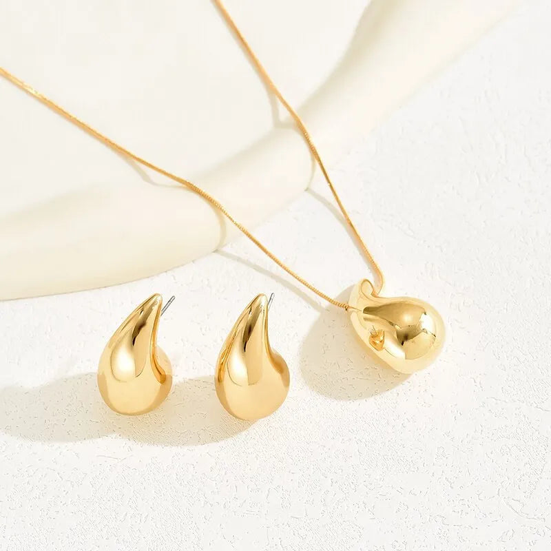 Water Drop Shape Jewelry Set 2 Pcs Necklace Stud Earrings Gold Silver Color Dupes Chunky Teardrop Earring Simple Style for Woman