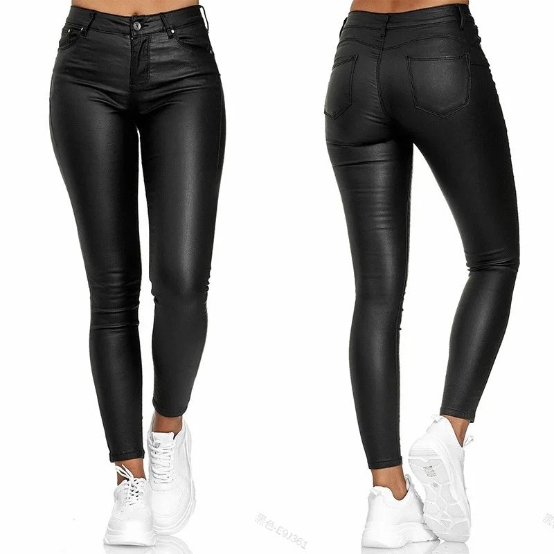 Women PU Leather Pants Black Sexy Stretch Bodycon Trousers Women High Waist Long Casual Pencil Pants Plus Size S-3XL - Sri sampi