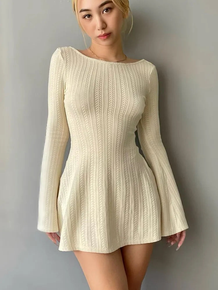 Rockmore Solid High Quality Knitted Backless Dresses for Women Autumn Winter 2023 Elegant Long Sleeve Bodycon Mini Dress Casual