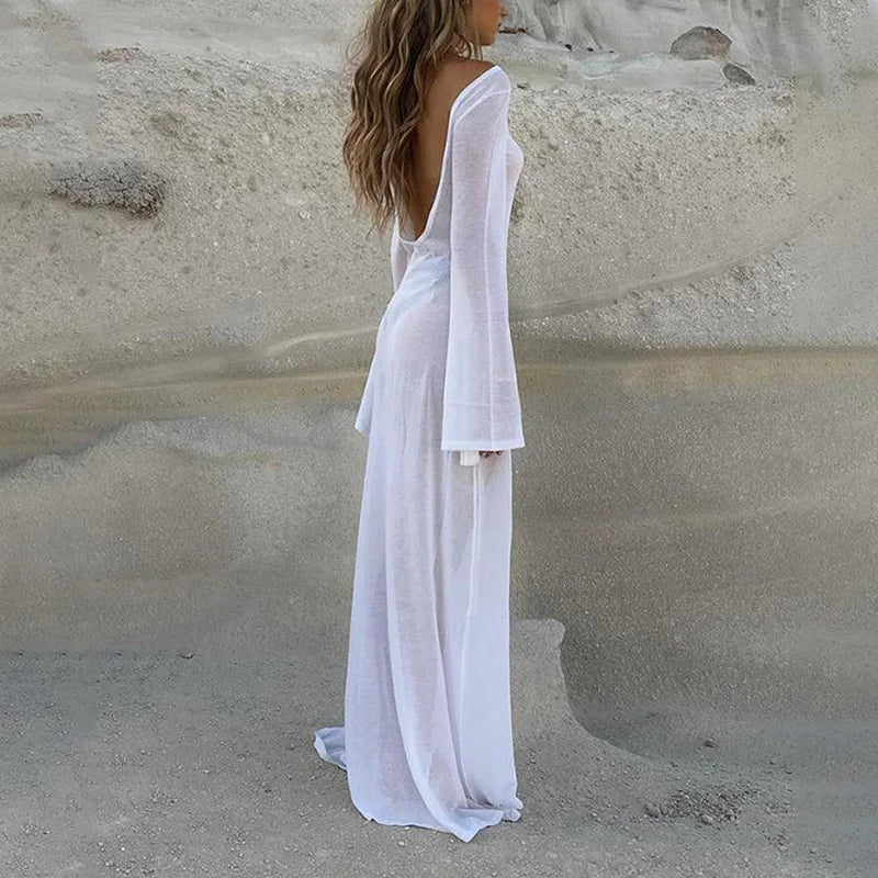 Backless Mesh See Through Long Sleeve Women Dress 2023 Summer Casual Sexy White Maxi Beach Dresses O Neck Solid Loose Outfits