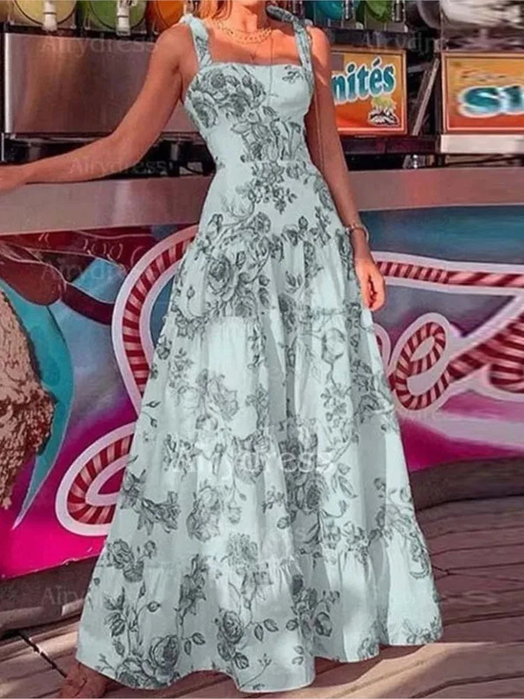 Abiti lunghi per le donne Fiore stampato cinturino per spaghetti vita alta gonna ampia orlo maxi abito da donna 2023 Summer Boho Beach Party