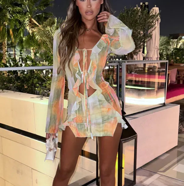 Women Mini Dress Long Sleeve Lacing Tie-dye Print Patchwork Slit Bodycon Dress for Club Party Sri sampi