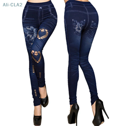 Sexy Women Faux Denim Jean Slim Fit Leggings Pants Pants Elastic Pants Leggings