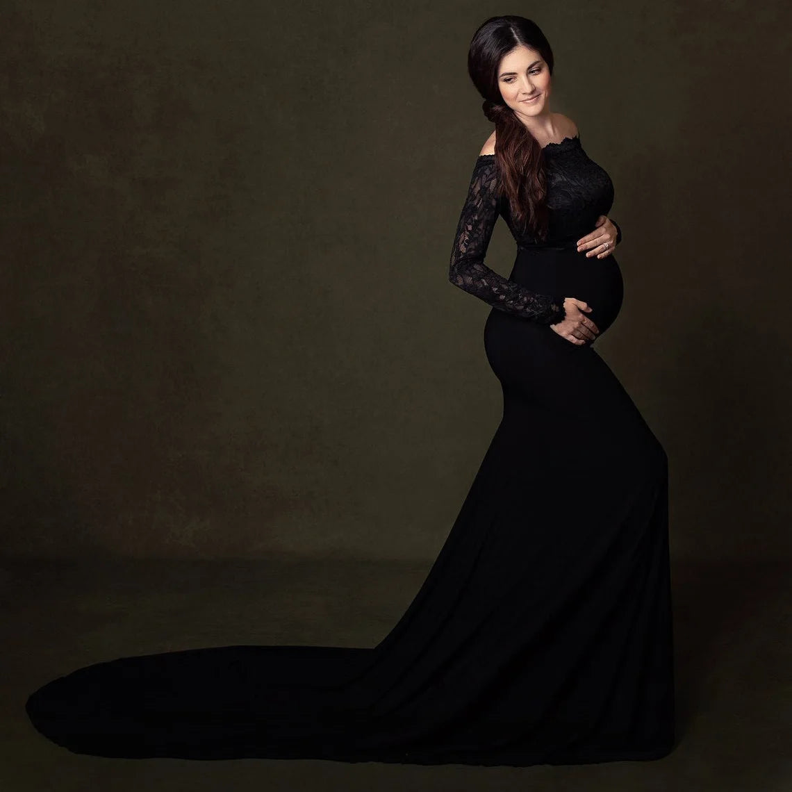 Maternity Elegant Fitted Photography Gown Long Sleeve Lace Slim Fit Maxi Photography Floor Baby Shower Grace Dress Photo Shoot