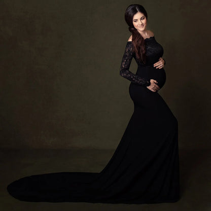 Maternity Elegant Fitted Photography Gown Long Sleeve Lace Slim Fit Maxi Photography Floor Baby Shower Grace Dress Photo Shoot