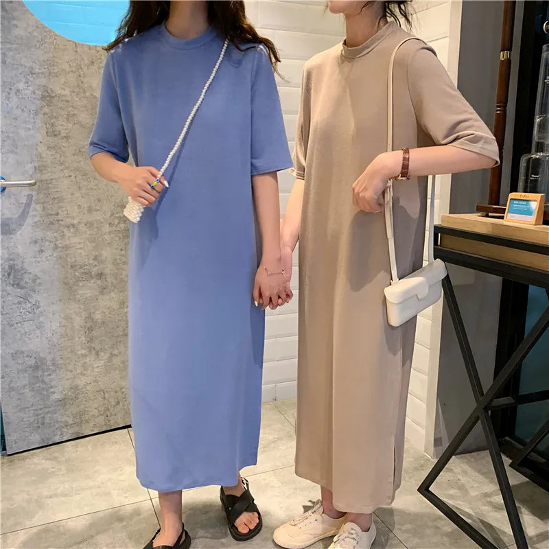 Casual Summer Dresses For Women 2023 Solid Short Sleeve Open Side Long Khaki Black Dress Vestido Feminino