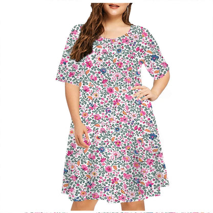 Summer Retro Short Sleeve A-Line DressWomen Plant Flower 3D Printed Dress Casual Fashion O-Neck Loose Ladies Dress Plus Size 6XL