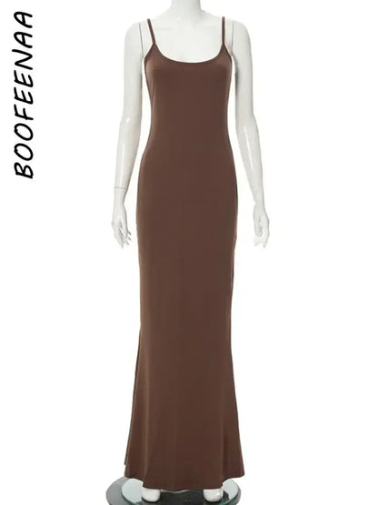 BOOFEENAA Strap Backless Long Maxi Dresses Party Club Vacation Outfits for Women Sexy Casual Summer Dress 2024 Wholesale C85CZ24