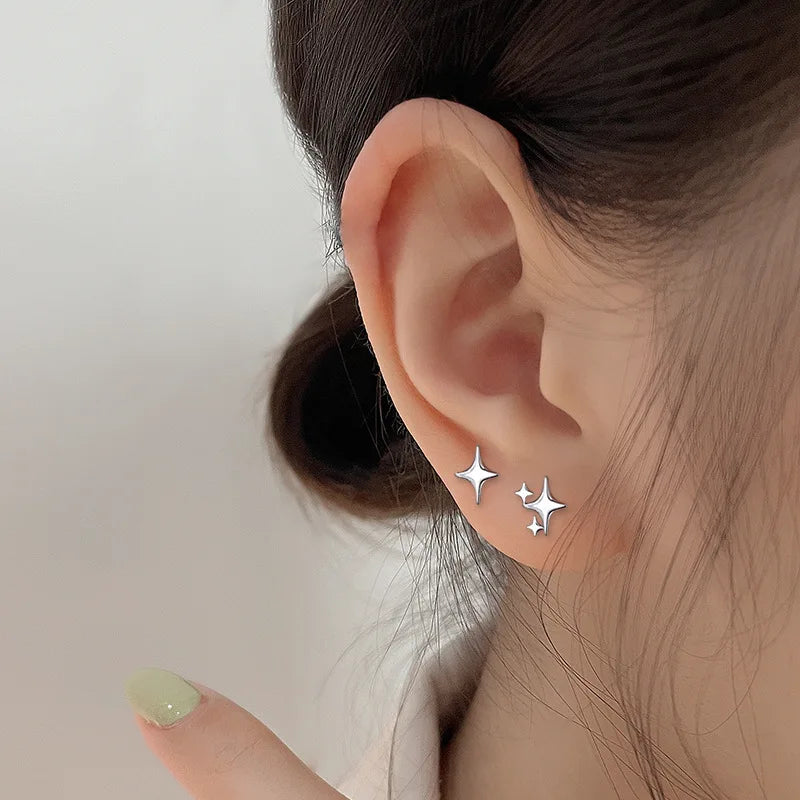 CIAXY Silver Color Asymmetric Four-pointed Star Earrings for Women Super Fairy Stud Earring Simple Jewelry Hot Sale Gift