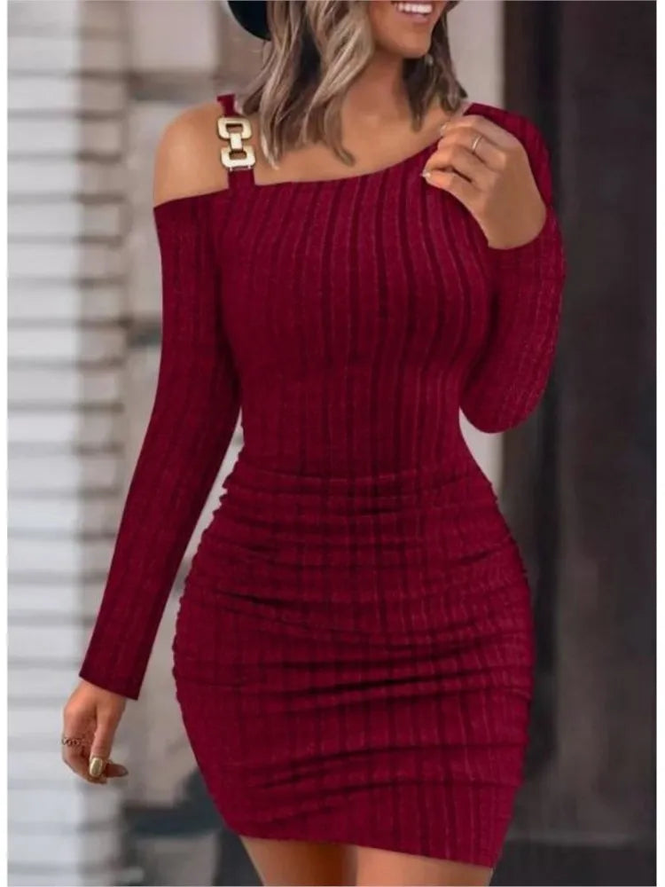 Autumn Winter New Solid Metal Button Oblique Shoulder Neck Tight Wrap Hip Slim Fit Sexy Long Sleeve Dress For Women