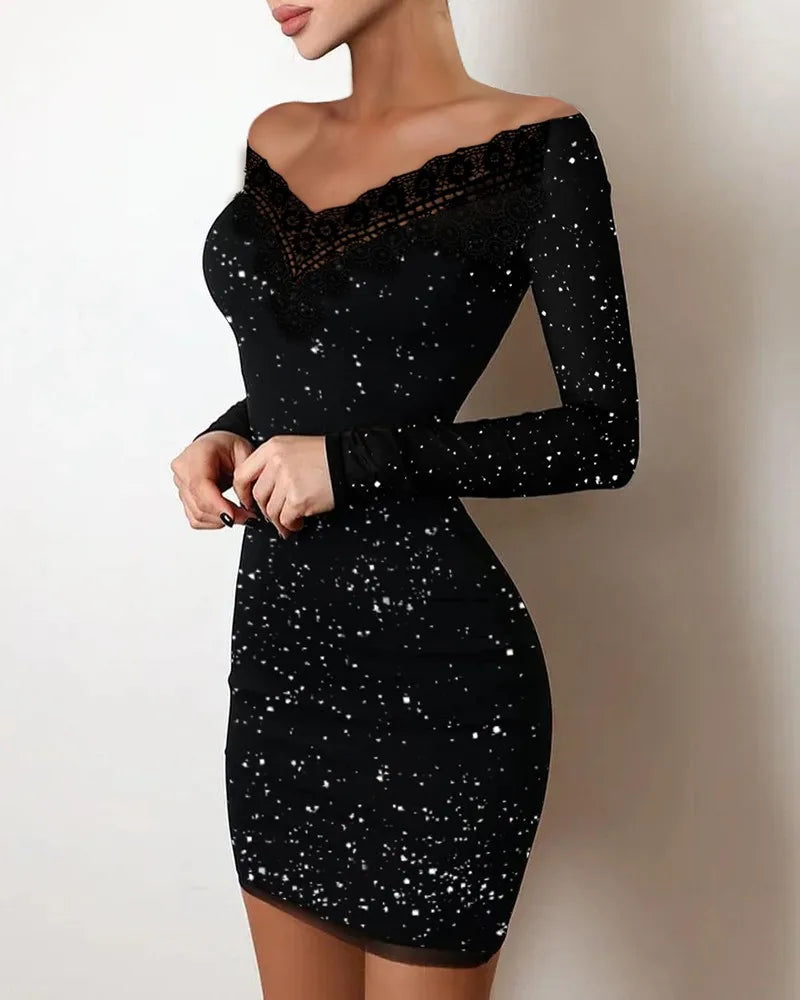 Autumn Women Black Bodycon Mini Dress Mesh Lace Patchwork Long Sleeve Off Shoulder Party Club Short Sequin Slim Dresses Bling