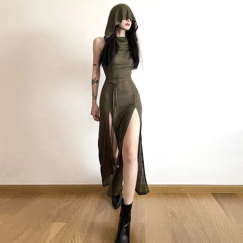 Goth Dark Cyber Gothic Desert Walker Hooded Dresses Y2k Punk Grunge Hollow Out Midi Dress Women Sexy Split Side Solid Streetwear