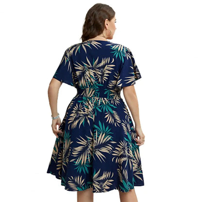 Sexy V-neck Plus Size Dress Elegant Leaf Print Maxi Dress for Women Comfortable V-neck Summer Dress with Elastic for Outdoor