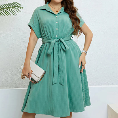 Plus Size Turn Down Collar Summer Dresses Women's Clothes Solid Elegant Casual Cute Ball Gown Midi Dress Wholesale Dropshipping