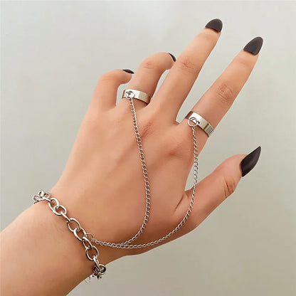 Modyle Punk Geometric Silver Color Chain Wrist Rings For Women Men Charm Hip Hop Chain Open Rings Set Couple Fashion Jewelry