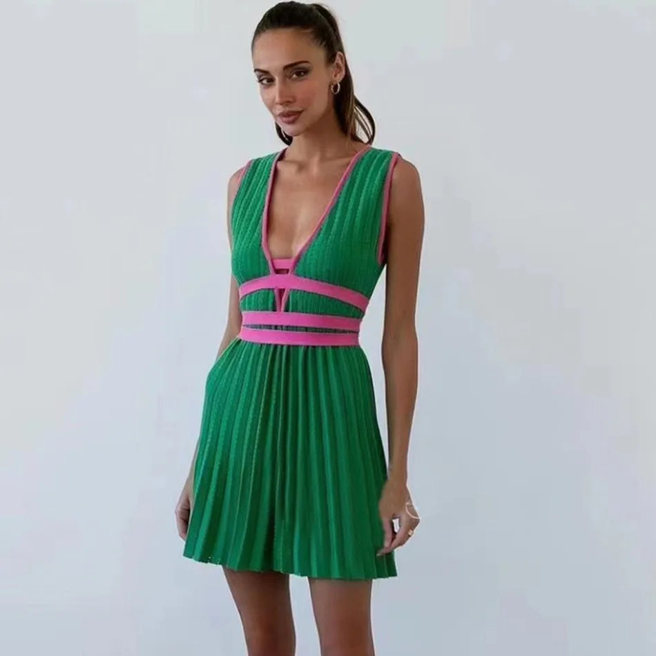 2024 Pleated Mini Knitted Dress Women Sexy Fashion V Neck Sleeveless Stitching Slim Summer Dresses Female Party Vestidos