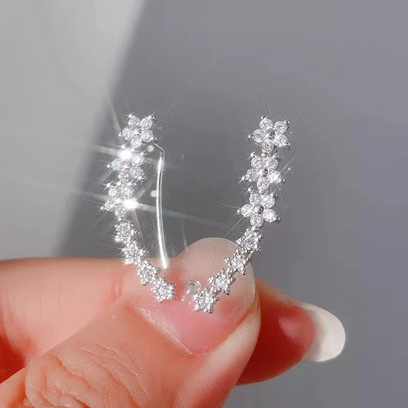 Korean Shiny Zircon Star Flower Climbing Earrings for Women Exquisite Sliver Color Crystal Statement Earrings Jewelry Gifts