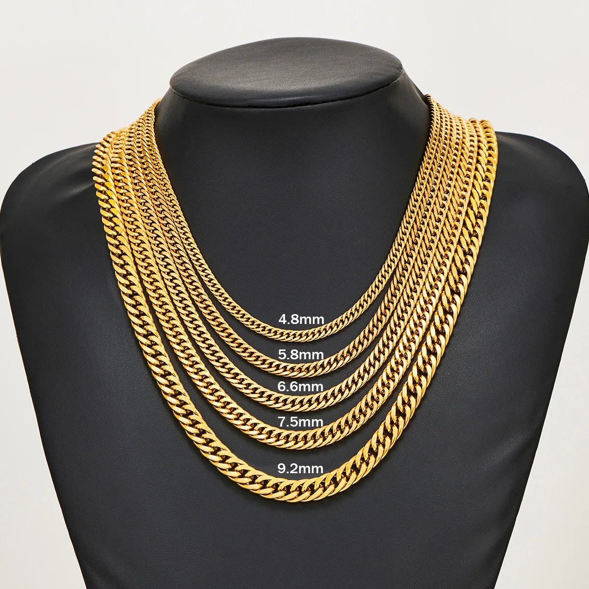 4.8mm/5.8mm/6.6mm/7.5mm/9.2mm Gold Color Stainless Steel Cuban Link Chains Classic Men Boy Curb Chunky Necklace 14 to 30 Inches