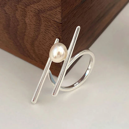 Foxanry New Fashion Silver Color Pearl Rings for Women Couples Creative Simple Geometric Handmade Birthday Party Jewelry Gifts