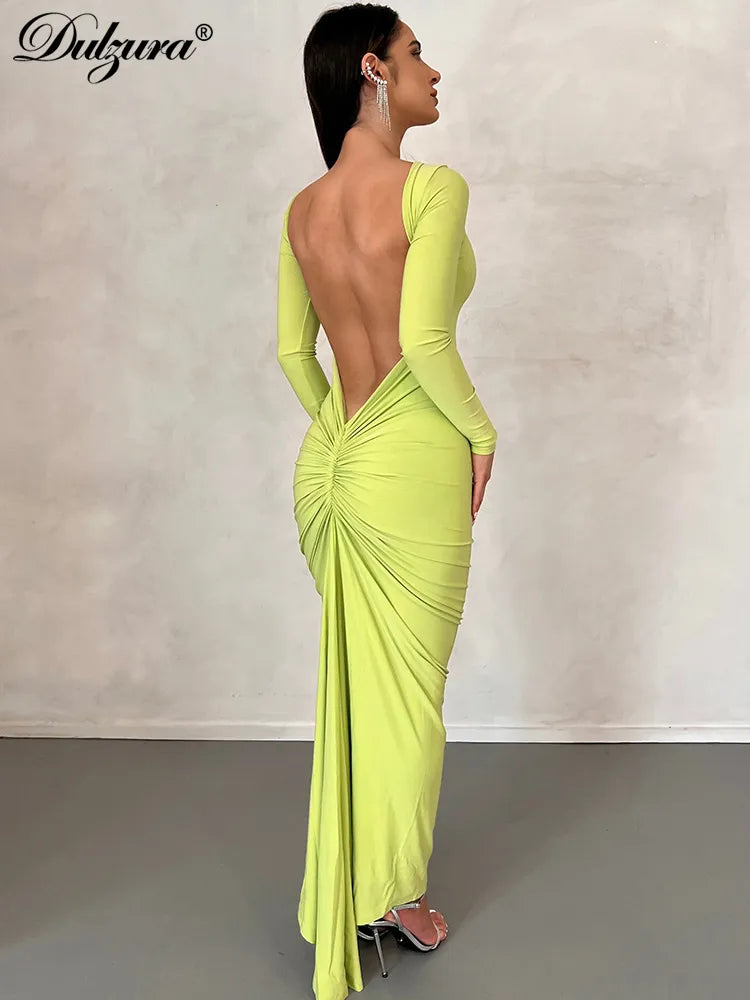 Dulzura Autumn Ruched Y2K Clothes Long Sleeve Backless O-Neck Bodycon Midi Dresses For Women 2023 Club Birthday Party Elegant