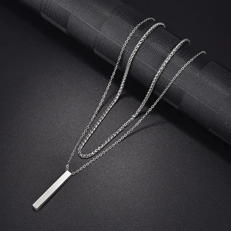 3D Vertical Bar Necklaces for Men Two Layer Stainless Steel Geometric Pendant Snake Chain Cuban Chain Fashion Necklace