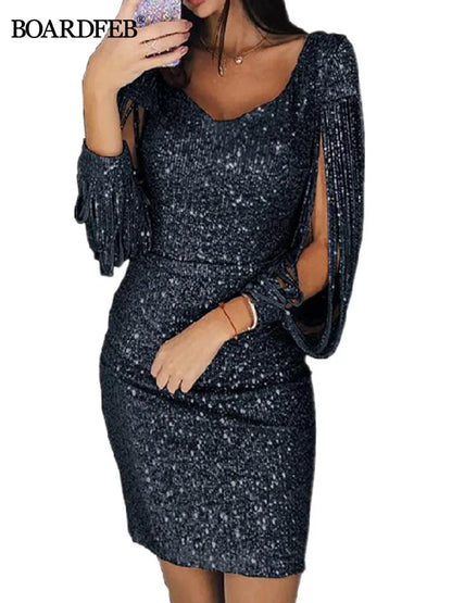 Women Sequin Dress Glitter Sparkle Sexy V Neck Summer Short Dress Tassel Shining Club Sheath Long Sleeve Mini Dress for Party