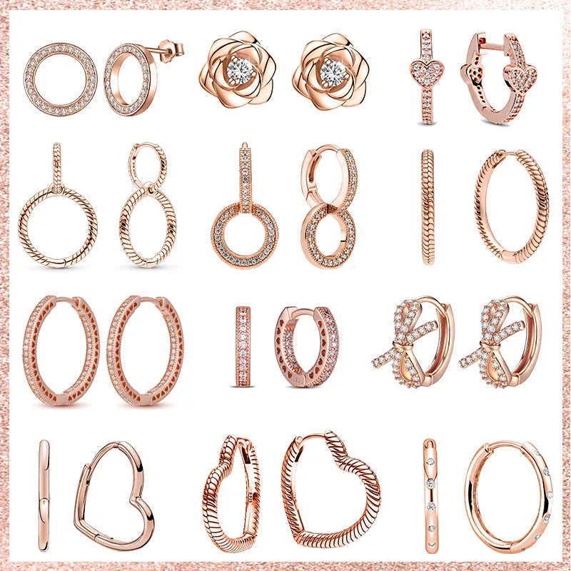 New 925 Silver Rose Gold Hoop Earrings Clear Zircon Circle Heart Bowknot Earring For Women Stud Earring Anniversary Jewelry Gift