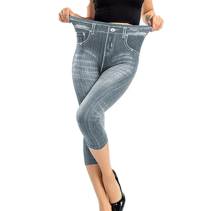 2023 Women Denim Print Leggings Fashion Slim Leggings Faux Jeans Leggings Stretch Printed Short Leggins Pants Summer Breeches