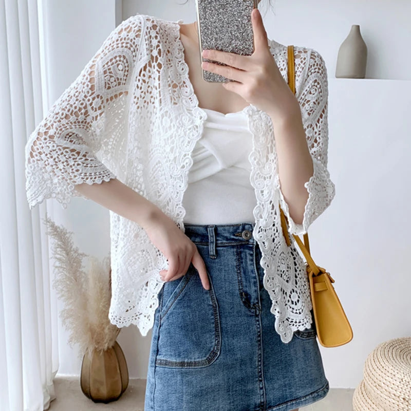 Shawl summer outerwear cardigan women's thin cut hollowed out knitted small jacket short cover up very fairy sun proof air-condi