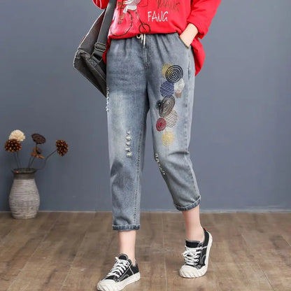 Vintage Y2K Women Baggy Jeans Spring Summer New Ankle-Length Pants Elastic Waist Denim Printing Korean Hole Full Trousers 2023