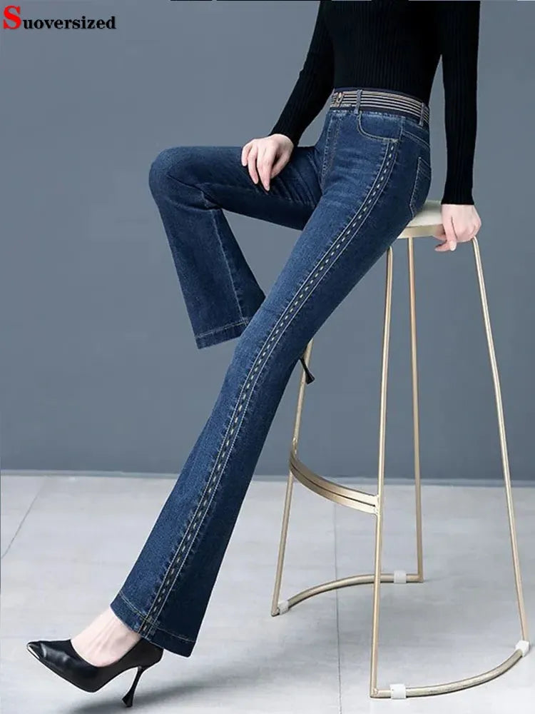 Vintage High Waist Flare Jeans Spring Denim Pants Printing Pantalones Femme Big Size 75kg Stretch Vaqueros Casual Skinny Hose